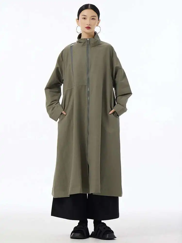 

Women Black Brief Pocket Big Size Trench New Stand Collar Long Sleeve Windbreaker Fashion Tide Spring Autumn