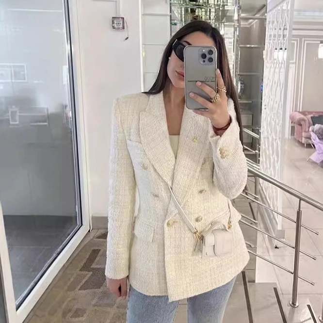 

Women Fashion Tweed Coarse Textile Double Breasted Blazer Jackets Long Sleeve Flap Pockets Elegance Suit Coat Female Outerwear