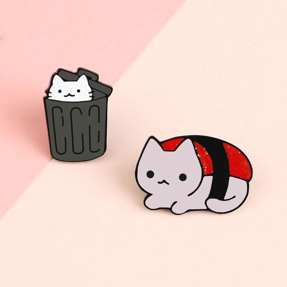 Delicate Cat Brooch Cute Sushi Garbage Can Kitten Cartoon Enamel Pin Funny Animal Backpack Jacket Lapel Badge Kids Jewelry Gifts