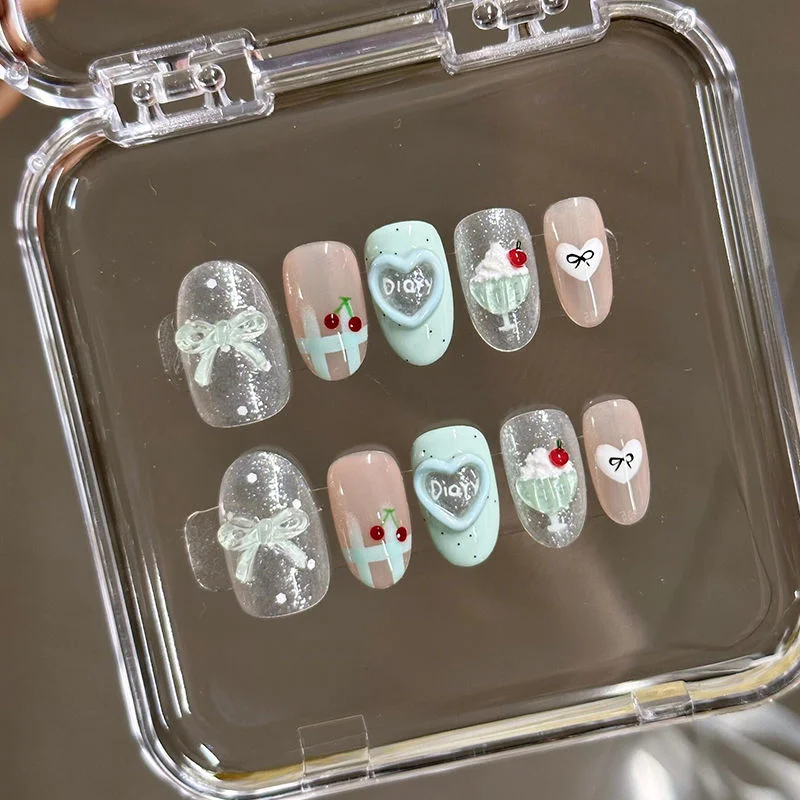 

10 шт. синий корейский пресс ручной работы на ногтях сердце мороженое бант съемный многоразовый сладкий милый поддельные короткие типсы для ногтей