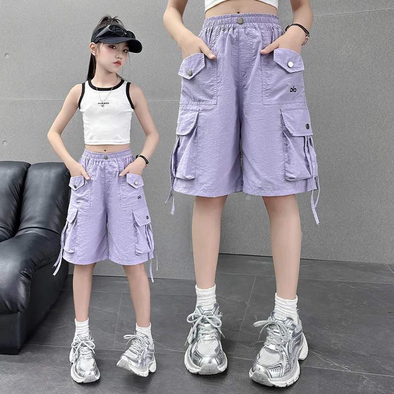 

Teenagers Girls Cargo Shorts Kids Loose Casual Quick-drying Pants Children's Summer Wear Thin Five-pockets Mid-length Pants