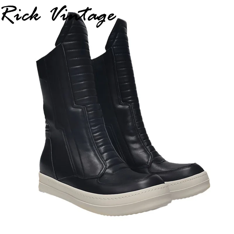 Rick Vintage Women Motorcycle Leather Boots Men Luxury Mid-Calf Winter Riding Boots Shoes Casual Zip Flats Black Shoes Unisex