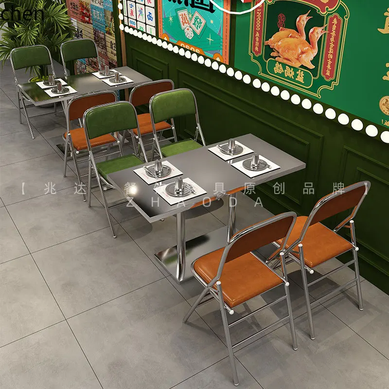 Hot Pot Restaurant Table Stainless Steel Folding Chair BBQ Restaurant Tea Restaurant Soft Cushion Sofa Dining Table Chair