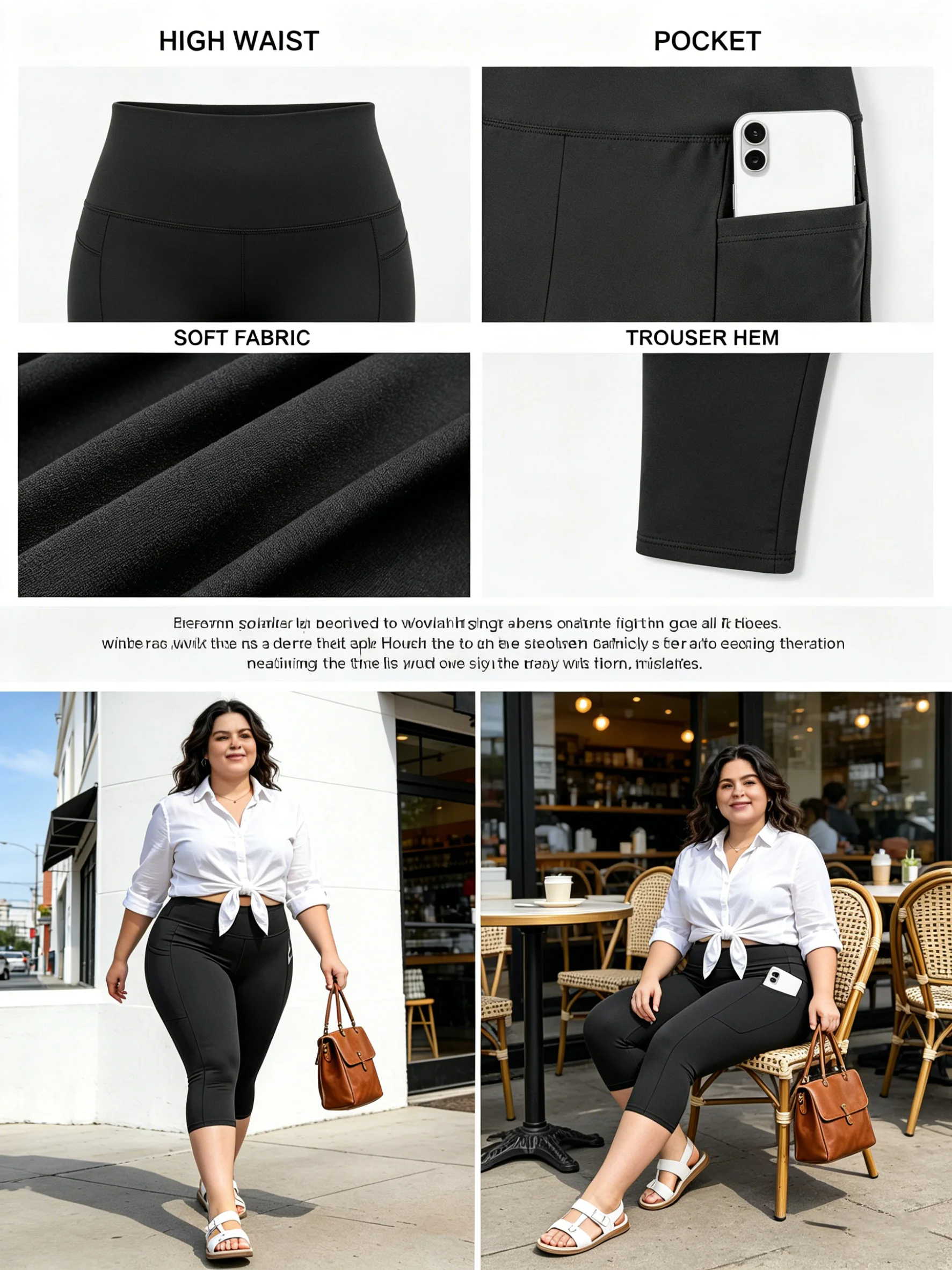 Übergrößen-Leggings mit Taschen für Damen - Schwarze Hochtaillierte Bauchkontroll-Hosen für Fitness und Workout – Detail 3