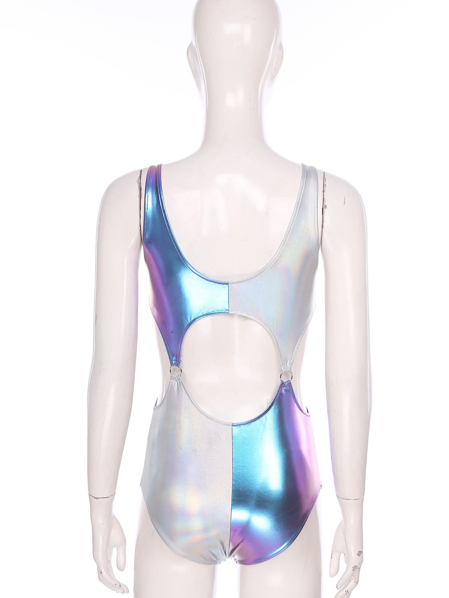 ผู้หญิงโลหะชุดว่ายน้ําContrastสีBodysuitชุดว่ายน้ําHollow Out O-แหวนเชื่อมโยงสลิงLeotards One Piece Clubwear