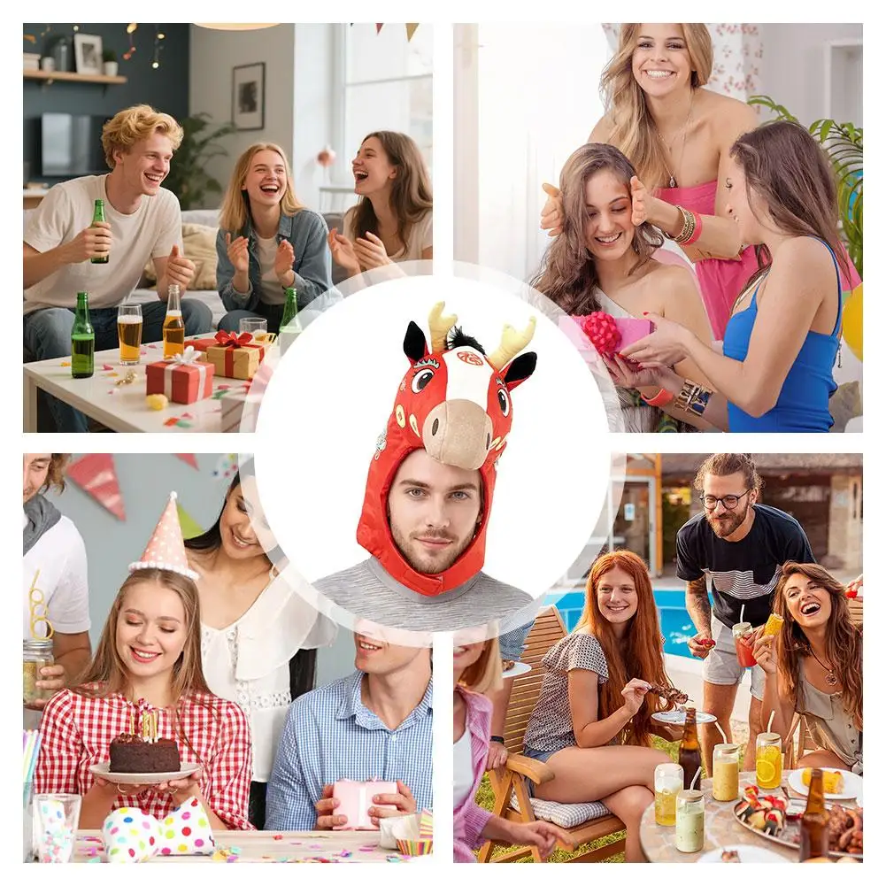 2026年 馬年 頭飾り帽子 おもちゃ 面白いぬいぐるみ馬頭帽子 新年動物コスチューム 大人用 舞台パフォーマンス帽子 おもちゃ