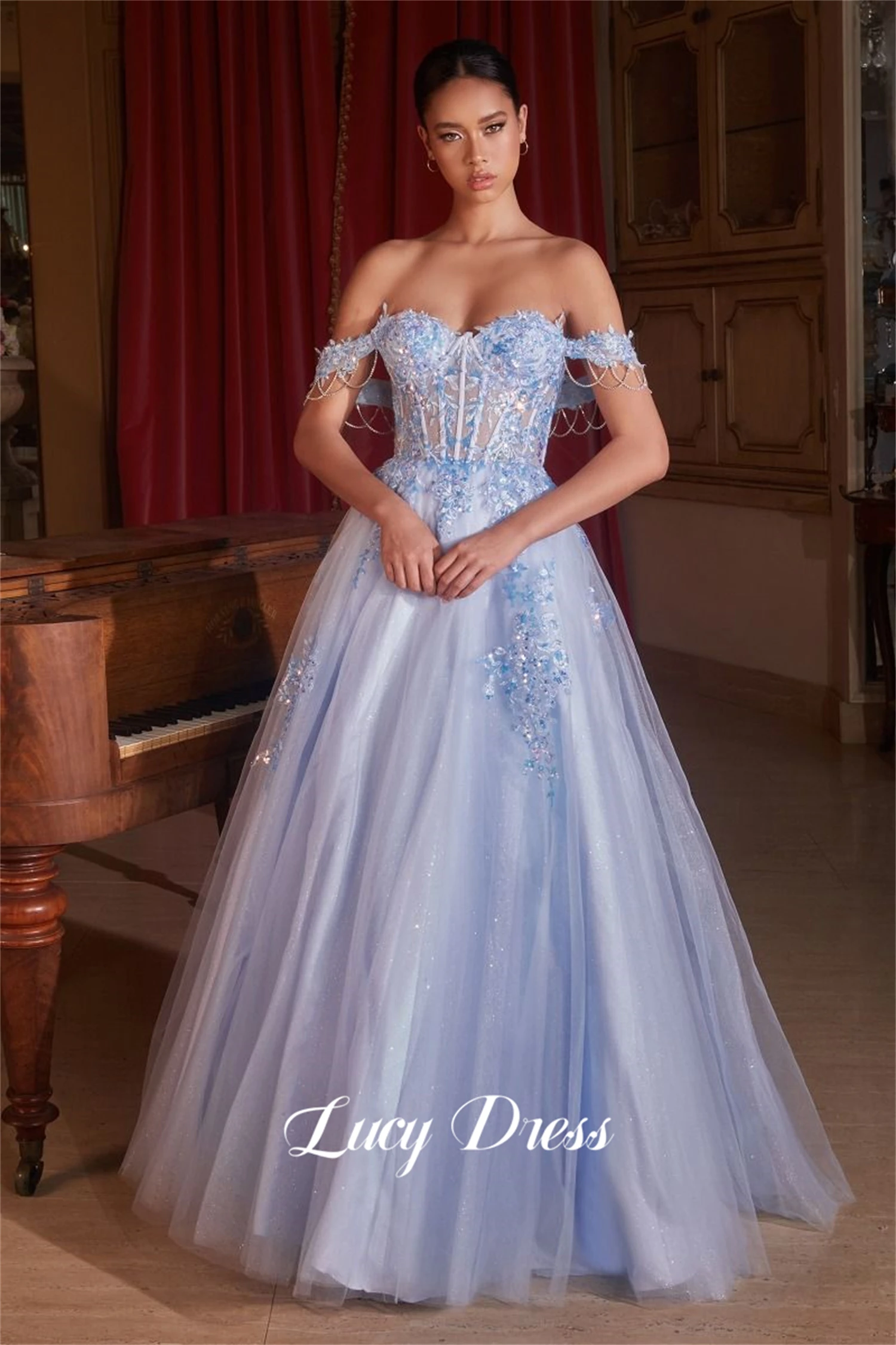 

Lucy Mesh Sky Blue Sweetheart Wedding Party Graduation Gown Line A Evening Dress Suitable Dresses on Request Ball Gowns Long