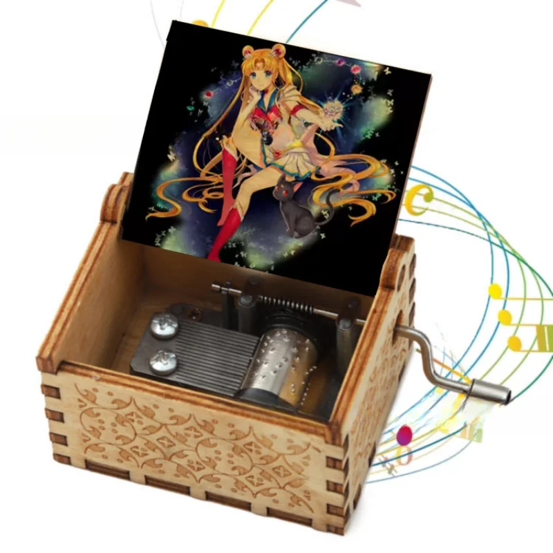 Wooden Hand Crank Music Box Vintage Painted Sailor Moon Music Box Birthday Gift Spirited away