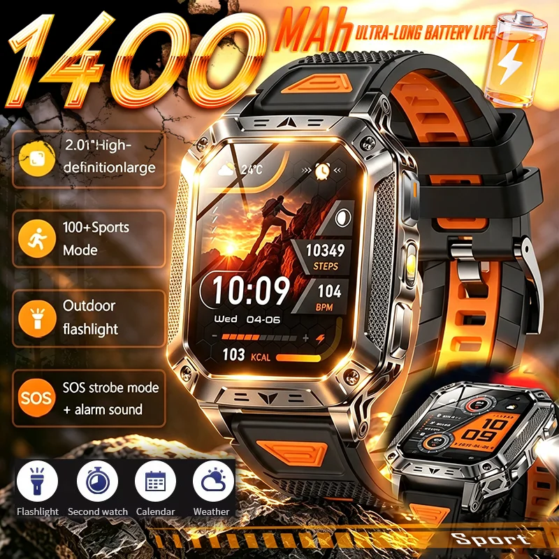2026 New Built-in Super Large Battery 1400mAh Men Smart Watch Outdoor GPS 10ATM Waterproof BT Call Smartwatch 2.01"AMOLED Screen