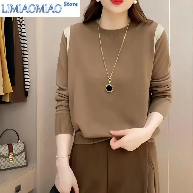 

Женский вязаный свитер с цветными блоками и пуловерным свитером контрастного цвета, осенний новый универсальный свободный повседневный топ с круглым вырезом