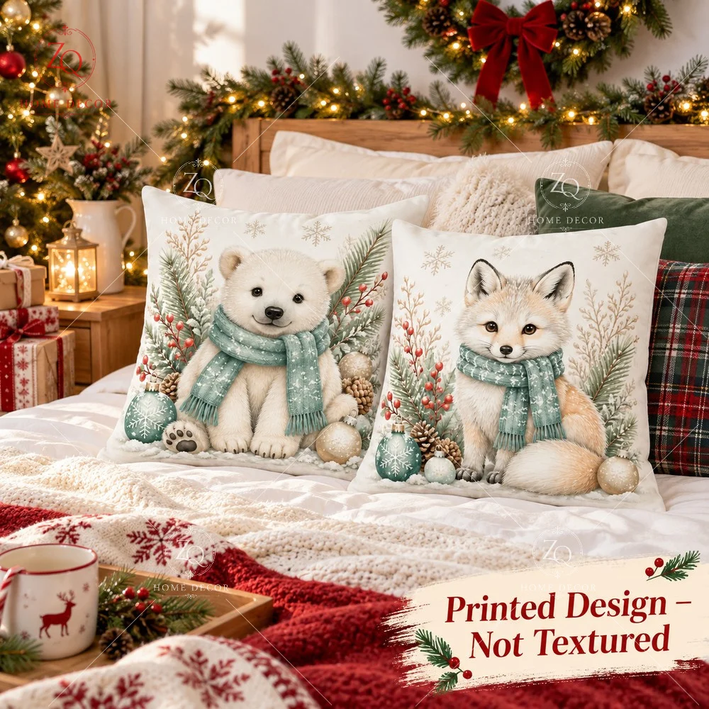 Cute Winter Animal Pillow Cover 2D Flat Printed Peach Skin Throw Pillowcase Polar Bear Fox Cushion Cover Living Room Decor