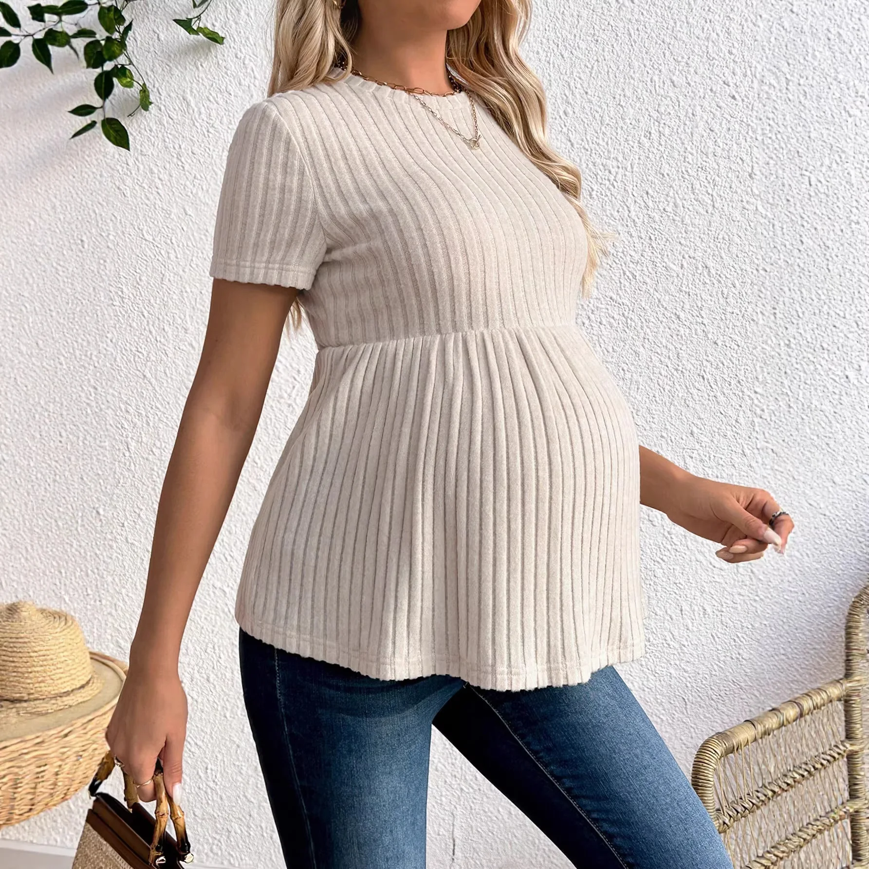 

Платье для беременных, одежда для беременных, трикотажный пуловер с круглым вырезом, женская футболка с короткими рукавами