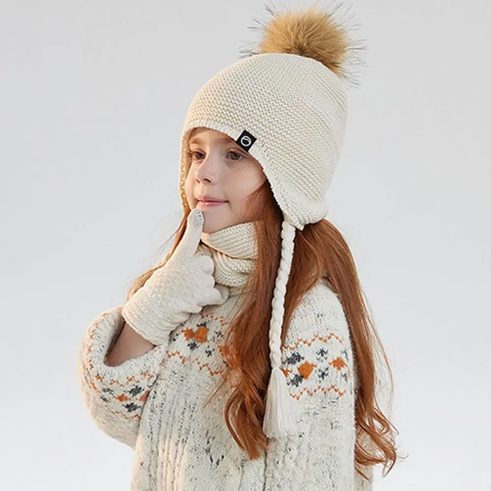 Fashion Warm Winter Hat Scarf Gloves Set Thicken Pompom Knitted Hats Windproof Soft Toddler Bonnet view 5