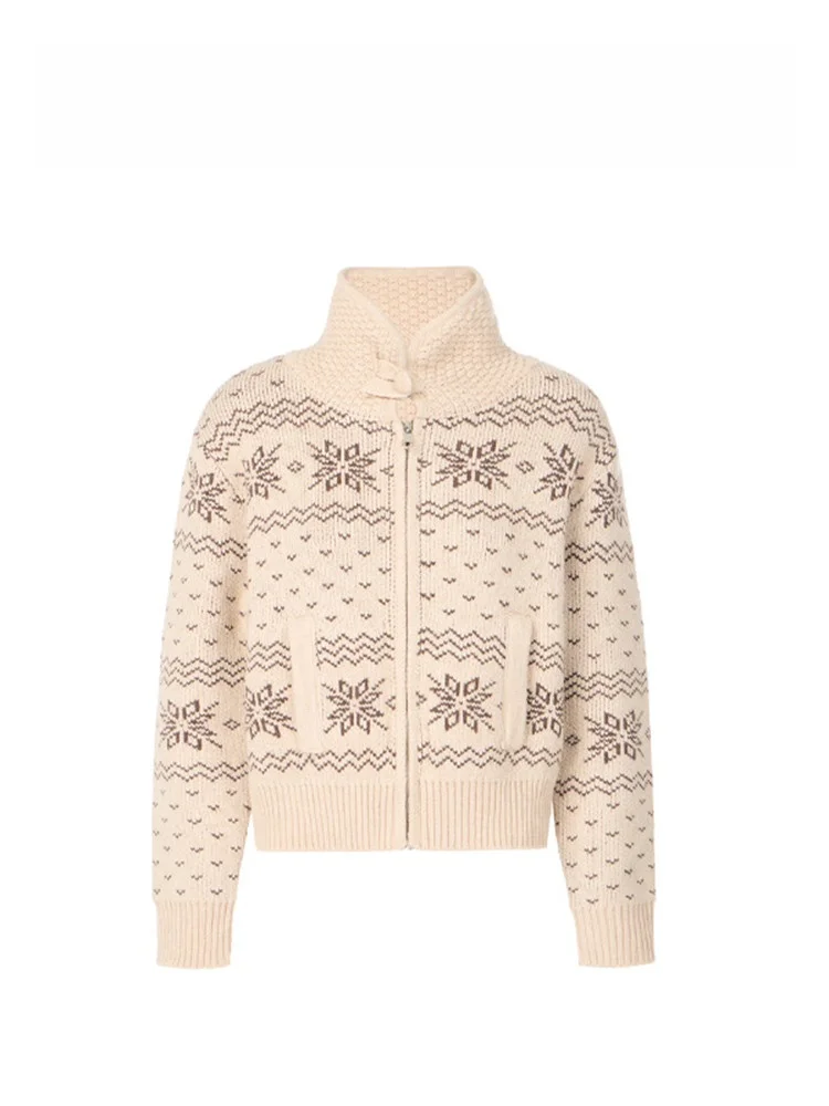 

Retro Knitted Sweater Women's Faion Spring New Collar up Trendy Fair Isle Sle Medium Thin Long Sve Zipper Closure