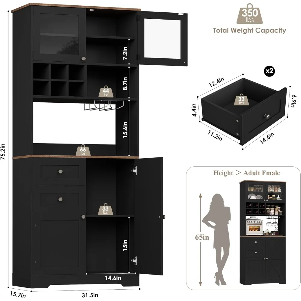 Kabinet Bar Kopi 75" dengan Penyimpanan, Kabinet Bar Anggur Hutch Dapur Tinggi dengan 2 Laci & Rak Gelas Anggur untuk Minuman Keras Rumah, Liv