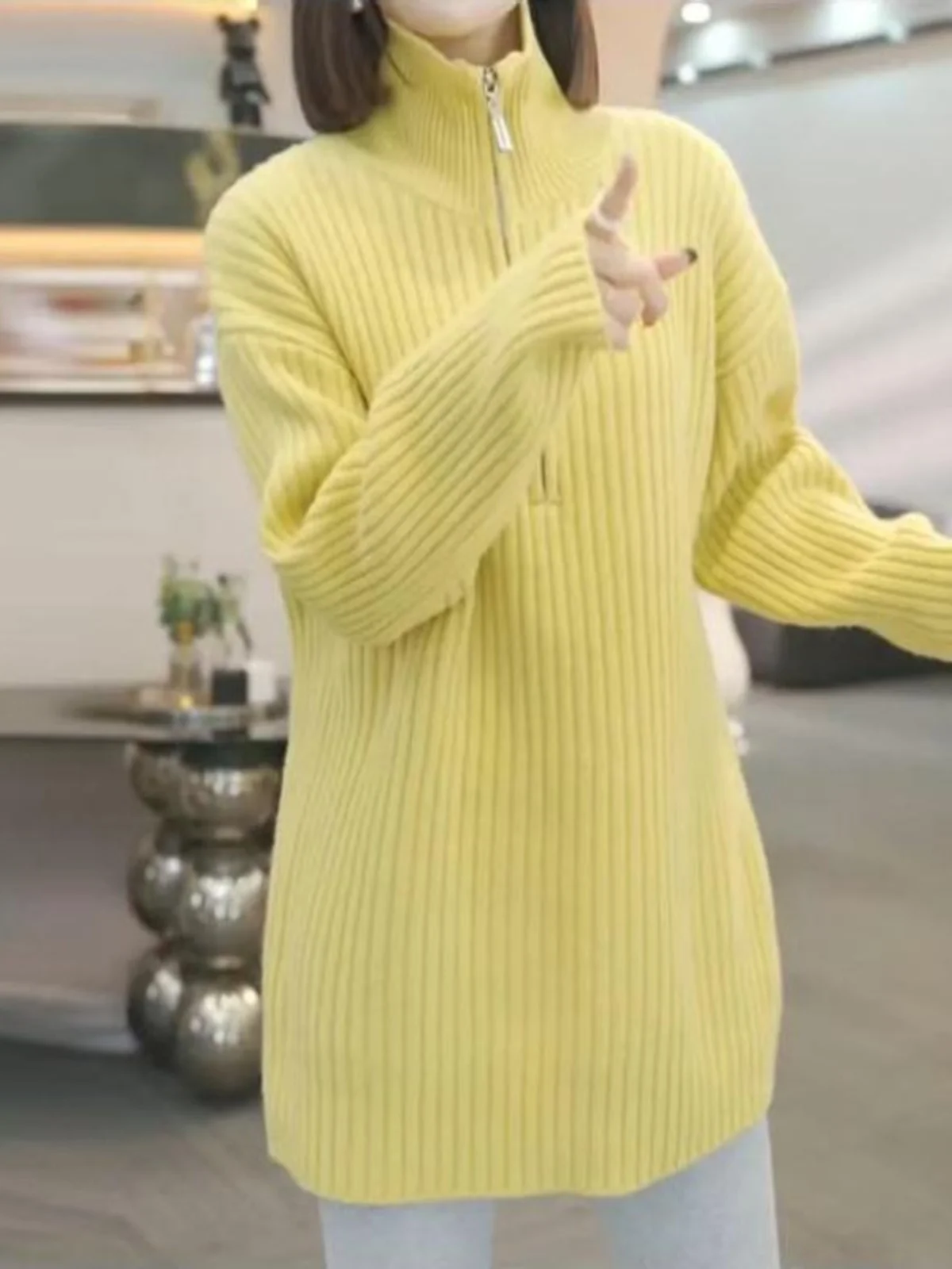 لينة Thiened عالية الياقة المرأة محبوك سترة f سستة فضفاضة تناسب الدافئة الخريف الشتاء Faion ملابس داخلية غير رسمية #2