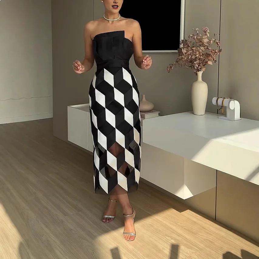 Sexy Contrast Color Tube Top Dress Women Summer Sleeveless Bodycon Dresses Party Evening Wear