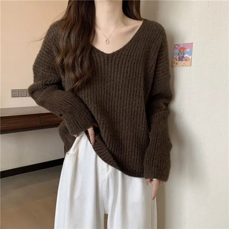 Yasuk Autumn Winter Fashion Casual Women\'s Slim Loose All-Match Gentle Sloid Pullover Knitted Sweater Retro Girl Soft Warm