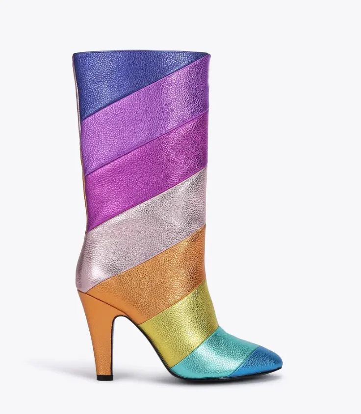 Rainbow Colorful Pointed Toe Knee High Boots Block Heels Slip-Ob Mixed Color Sewing Spring Women Bright Shiny Leather Shoes