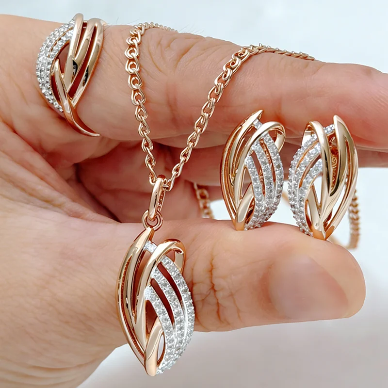 Kinel Einzigartiges Glänzendes Natürliches Zirkon-Ring-Ohrringe-Halsketten-Set für Damen Mode 585 Roségold Silber Farbmix Tägliches Feines Schmuckset