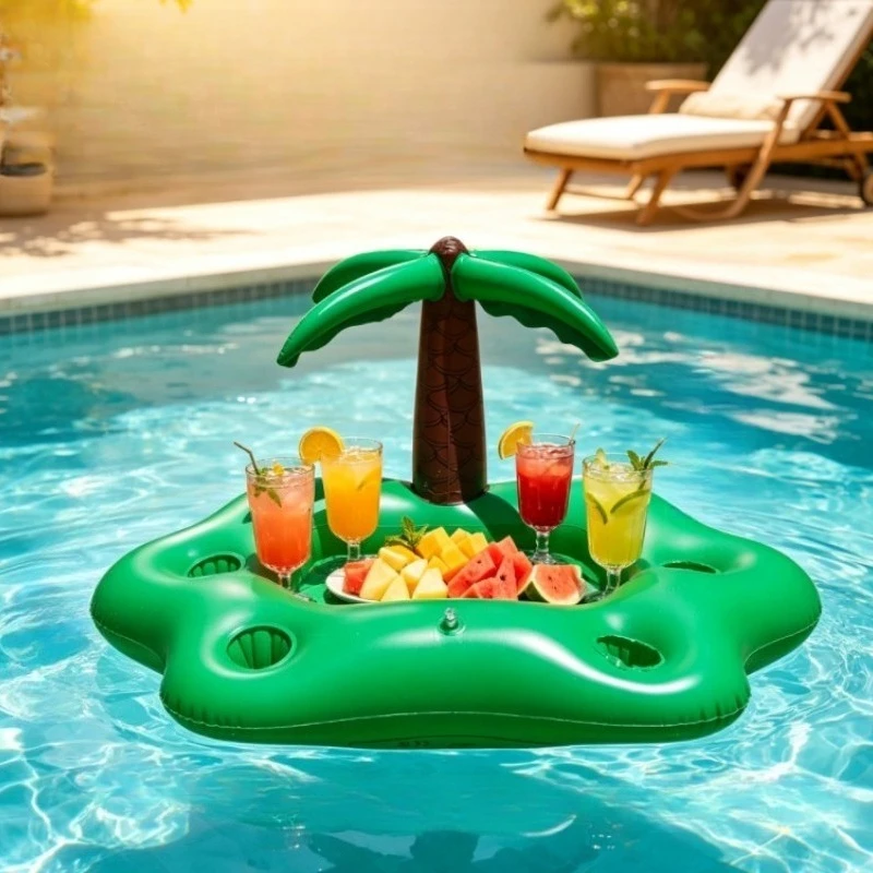 Plateau de bar flottant gonflable en forme de nuage arc-en-ciel, porte-gobelets en forme de cocotier, support à boissons pour fête de piscine estivale, rangement et décoration de boissons