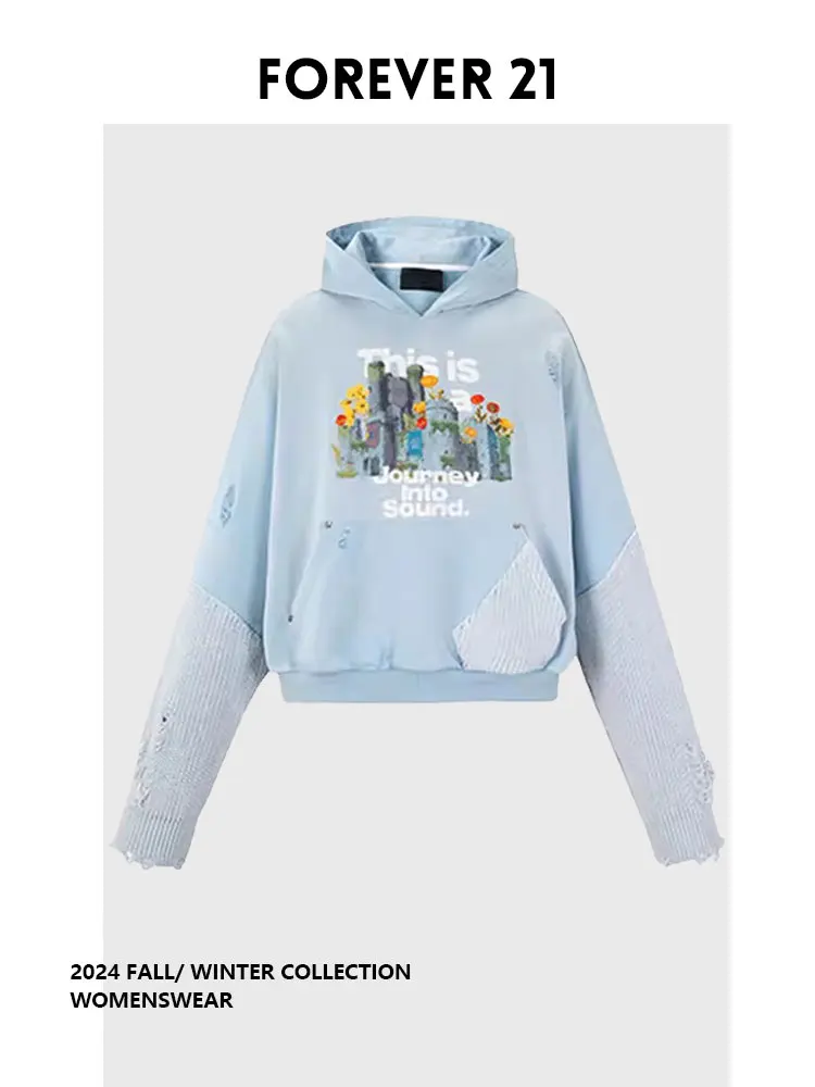 

Женская модная толстовка Forever 2 с синим принтом и длинными рукавами, в стиле пэчворк, для повседневной носки, осенняя новинка