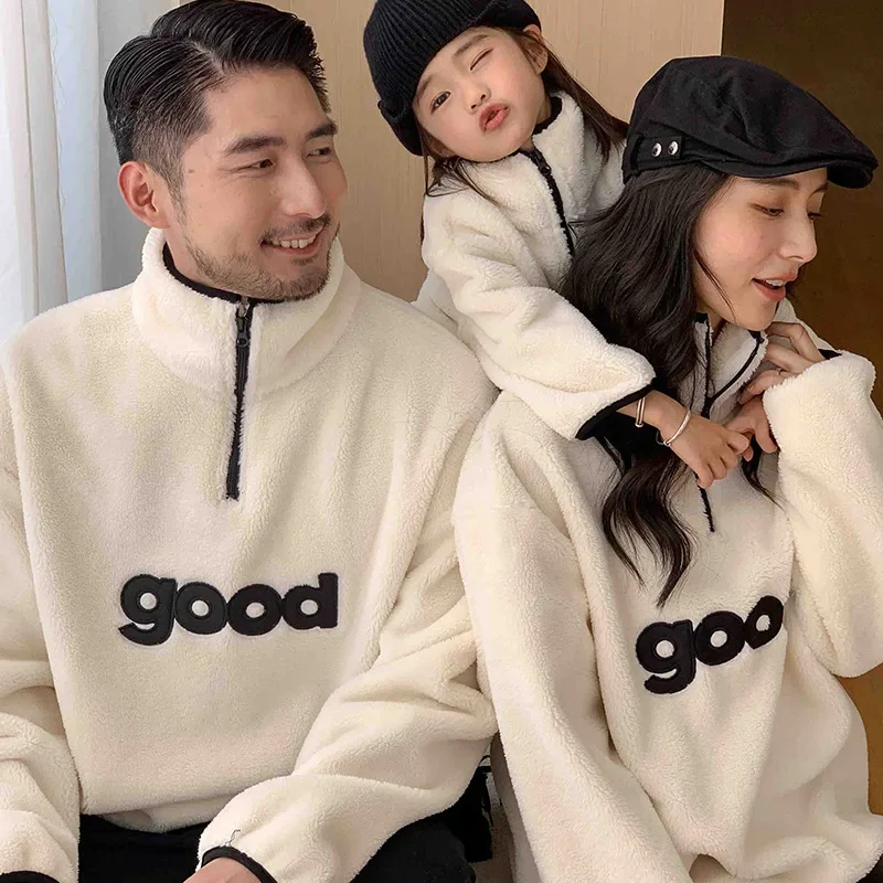 Warm Fleece Sweatshirts for The Whole Family 2023 Winter Father Mother and Baby Girl Boy Thick Tops Mom Dad Daughter Son Clothes