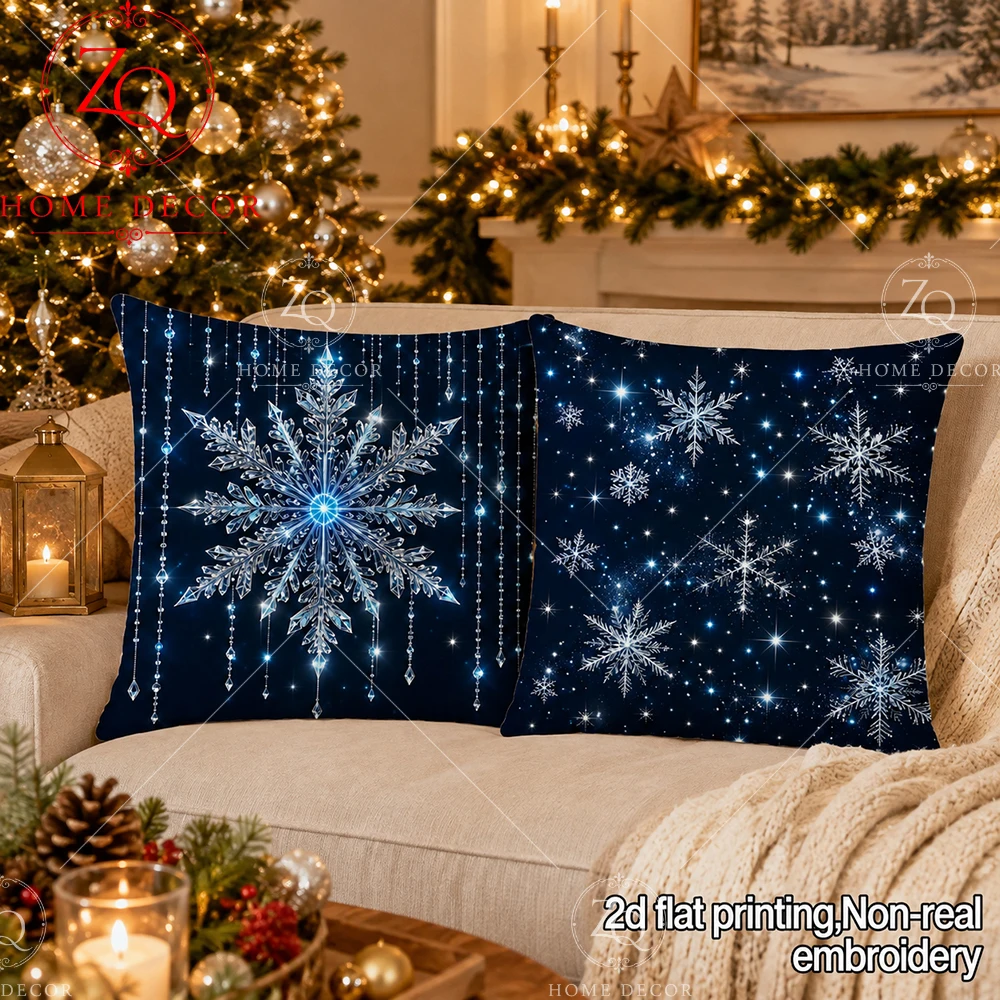 Christmas Snowflake Pillow Case 2D Flat Printed Peach Skin Velvet Cushion Cover For Living Room Sofa Winter Holiday Home Decor