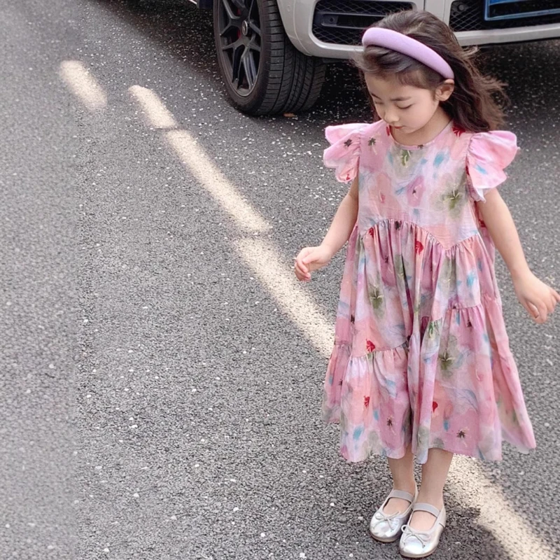 

2025 New Summer Girl's Little Flying Sleeve Pink Loose Floral Full Print Refreshing Princess Dress