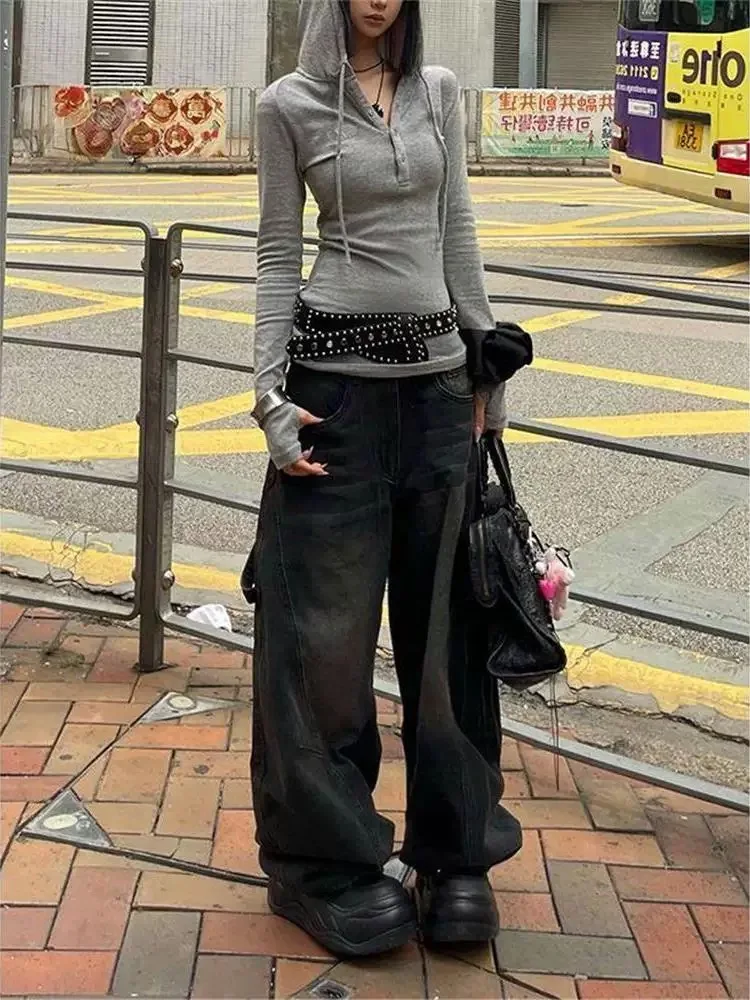 Y2K جينز واسع الساق للنساء أمريكي ريترو طباعة منحني سكين فضفاض كسول العمل السراويل الخريف