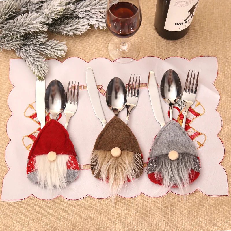 4pcs Gnome Christmas Cutlery Holder Knife Fork Pocket Bags Xmas Tableware Cover Dinner New Year Christmas Decoration for Home