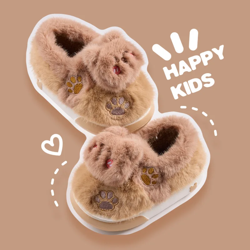 Winter Children's Cotton Slippers Cartoon Kids Boys Slippers Warm Plush Indoor Slippers Non-Slip Soft Fluffy Shoes for Girls