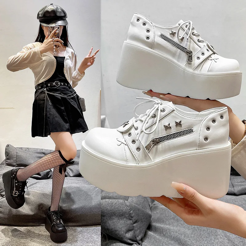 HKDQ Women's Platform Shoes Round Toe Chunky Heel Lace Up Alternative Footwear Studded Buckle Strap Zipper Detail Casual Fashion