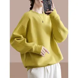 Korean Fashion Lantern Long Sleeve Flocking Autumn Winter Pullover Solid Color Women's Clothing Hoodies Casual Loose Tops