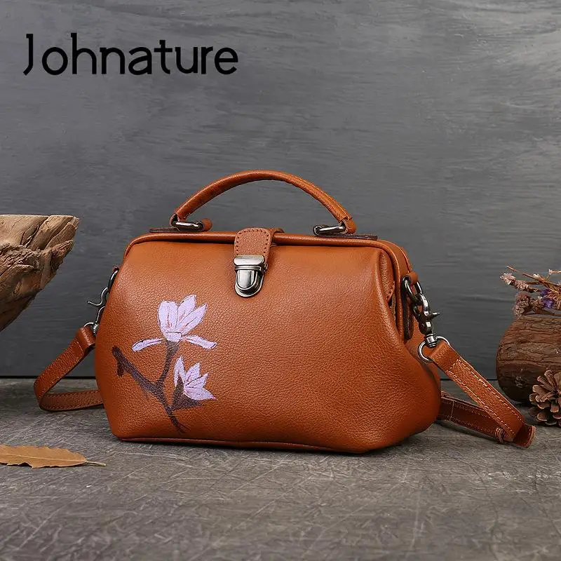 

Johnature Genuine Leather Women Bag 2024 New Retro Hand Painted Flower Handbag Natural Real Cowhide Versatile Shoulder Bags