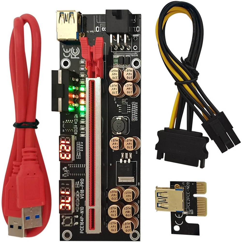 CMCN VER018 PRO PCI-E Riser Card USB 3.0 Кабель 018 PLUS PCI Express 1X–16X Удлинитель PCIe Адаптер для майнинга BTC (красный)