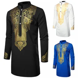 Anime Men's African Ethnic Hidden Cosplay Costume Black White Blue Button Short Sleeve Shirt Metallic Gold Printed Dashiki Top