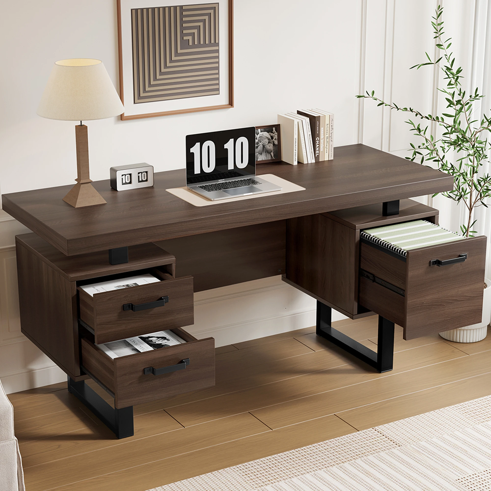 Schlichter Büroschreibtisch, hochwertige, geräuschlose Schublade, geräumiger Schreibtisch, effiziente Aufbewahrung für Büro, Zuhause, Arbeitszimmer, 135 x 54 cm