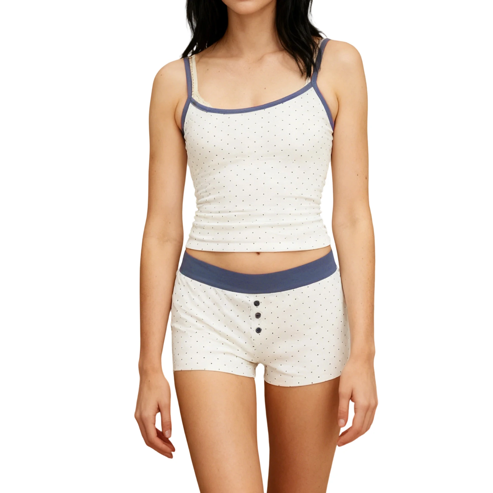 طقم بيجامات نسائي صيفي أنيق بحافة متباينة وطباعة نقطية مع شورت ملابس صالة طقم مكون من قطعتين