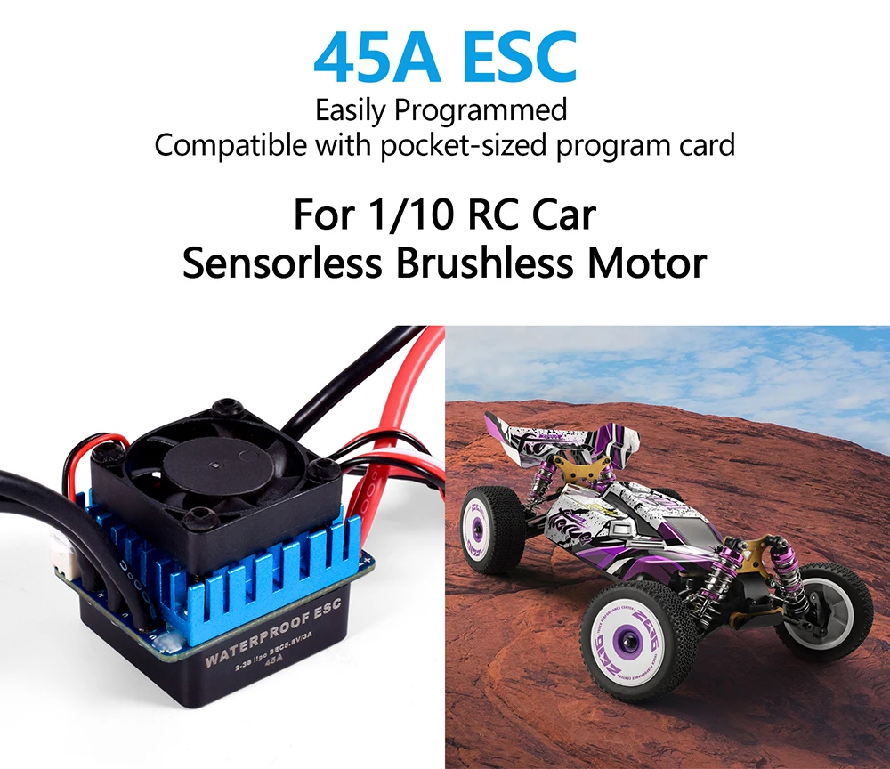 Wltoys 브러시드 ESC 방수 속도 컨트롤러, 45A 브러시리스 BEC, 1/12 RC 자동차 ESC 124016 부품 