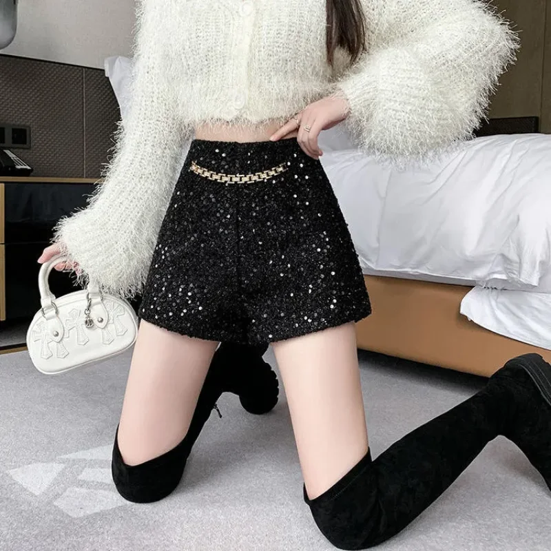 화이트 루즈 쇼츠 가을 겨울 여성용 스트레이트 팬츠 신상 스팽글 하이웨이스트 패션 부츠 팬츠