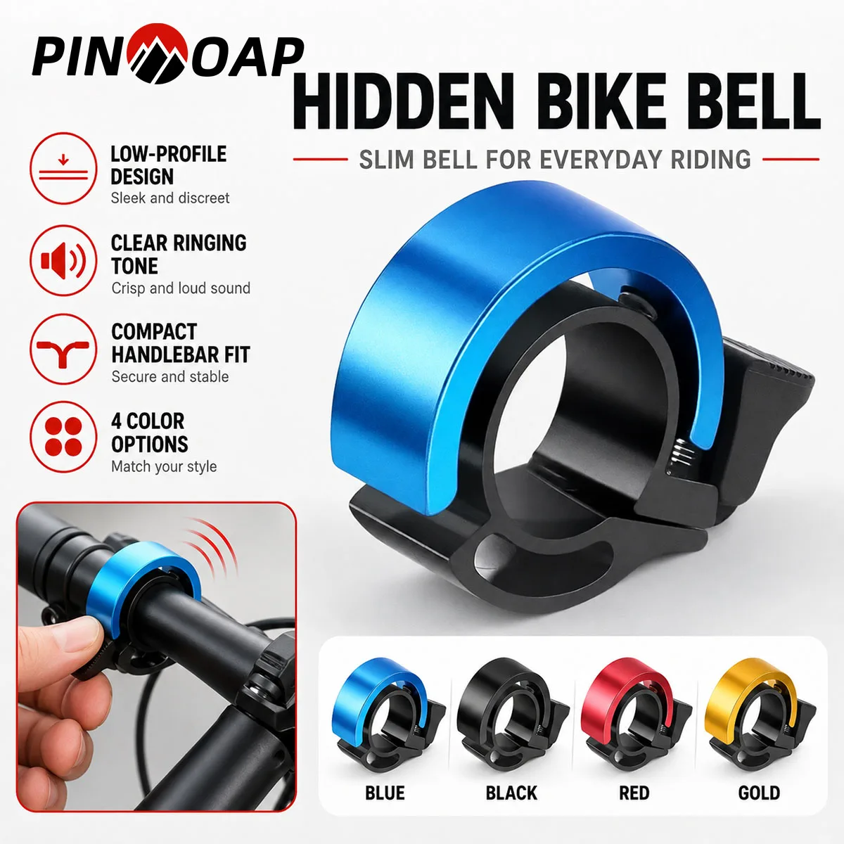 PINMOAP 1PC Hidden Bike Bell Compact Bicycle Safety Bell Sleek Handlebar Mount Loud Clear Sound For Road City Bike Scooter Ridin