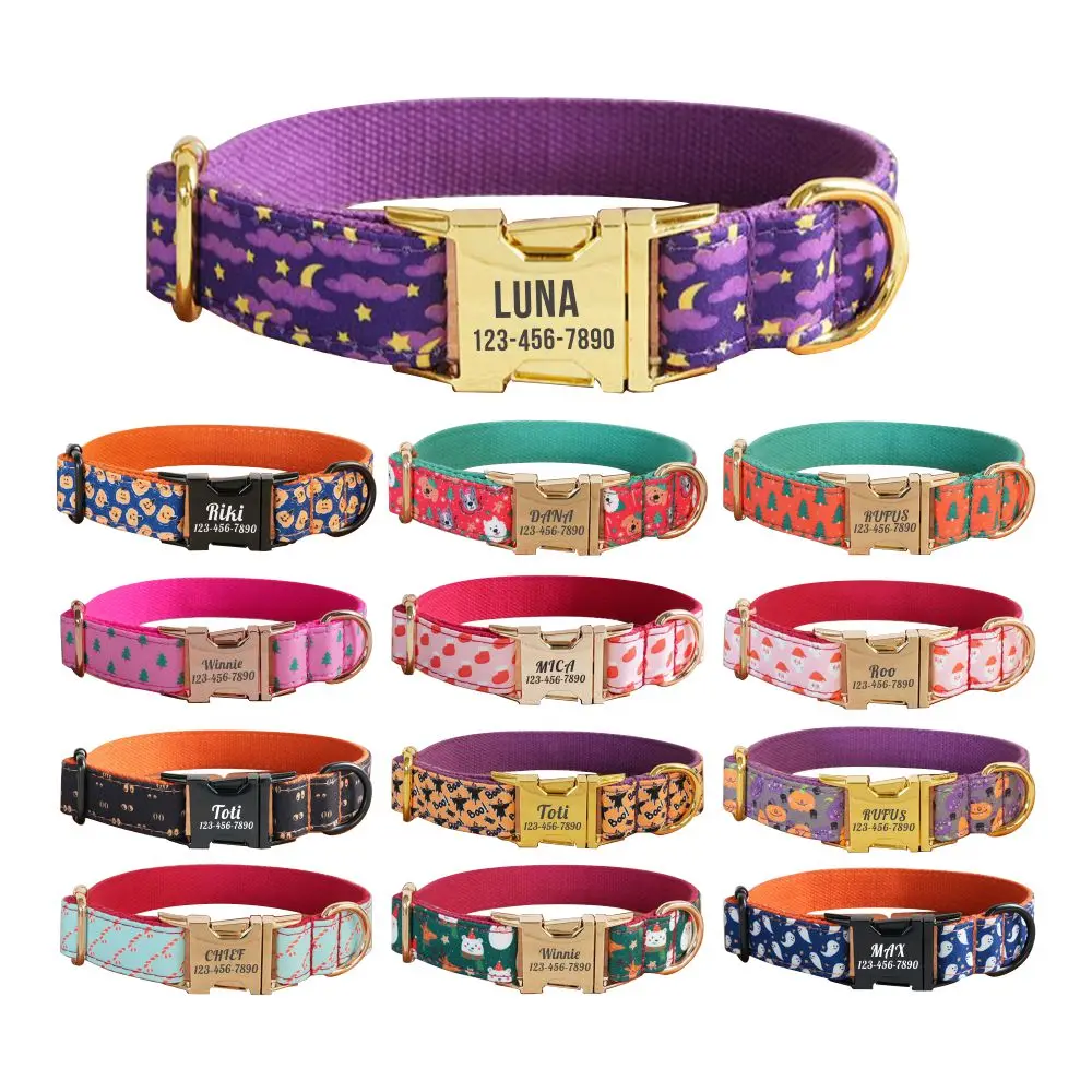 

Personalized Christmas Halloween Dog Collar,Free Engraving Customzied ID Buckle for Small Medimum Large Dogs, Matching Leash
