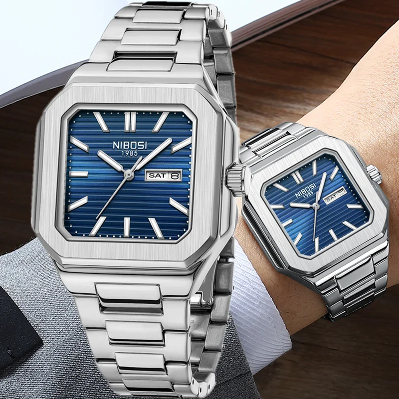 NIBOSI Luxury Watches For Men Date Week Stainless Steel Waterproof Luminous Square Man Clock Fashion Casual Men's Quartz Watches