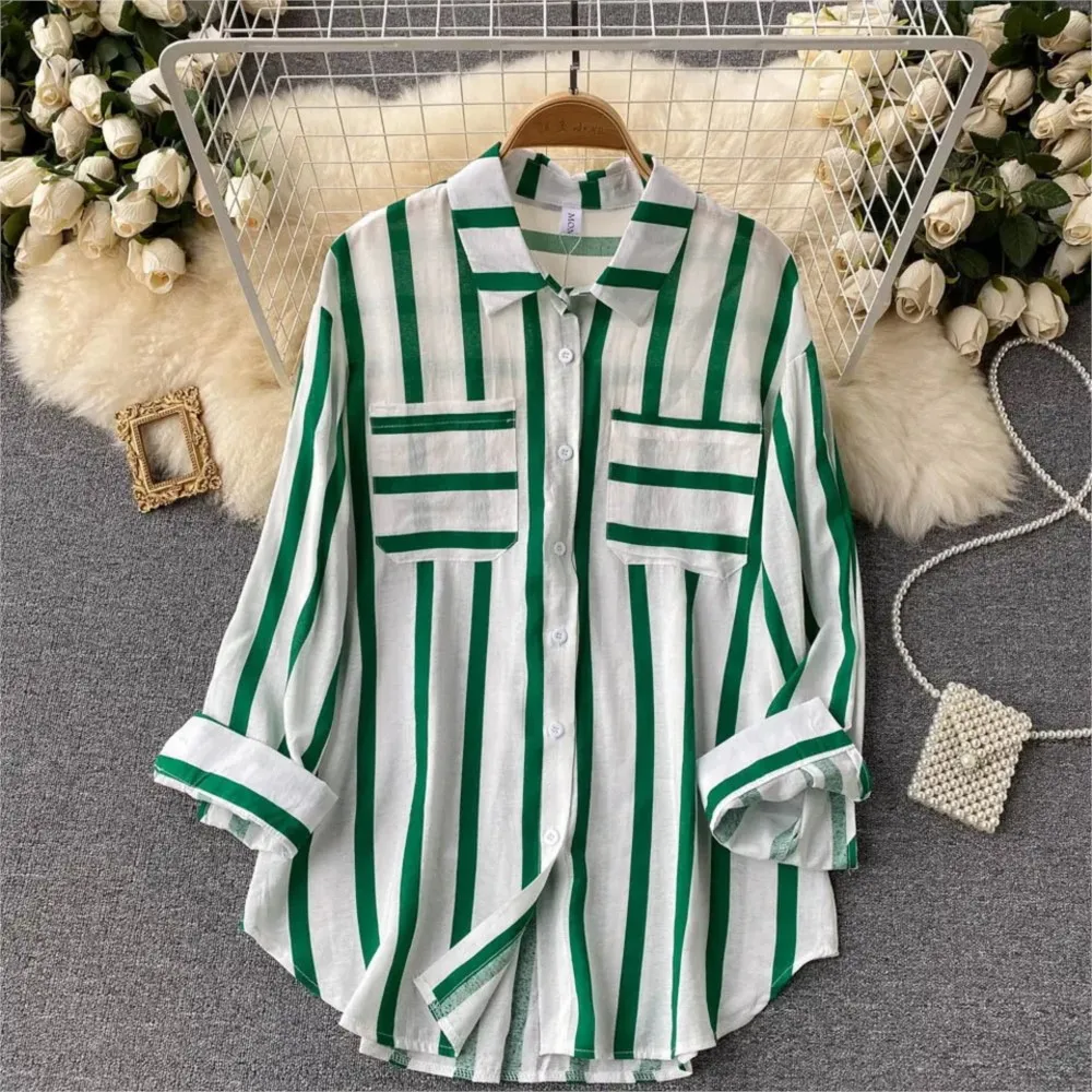 Women Fashion Stripe Shirt Korean Style Casual Loose Long Blouse And Tops 2025 Spring Summer New Women's Shirts