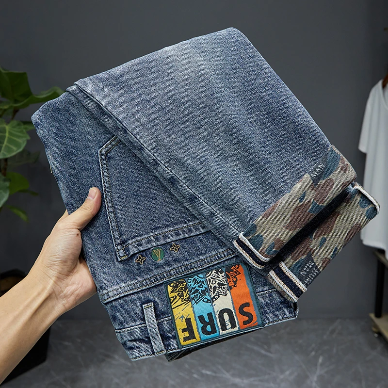 

High-End Jeans Men's 2024 Spring and Summer New Retro Blue Water-Washing Embroidery Printed Pencil Pants Casual Slim-Fit Pants