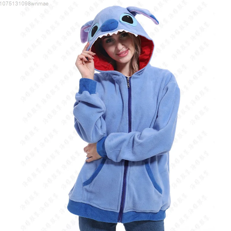 Disney-Women\'s Stitch Cartoon Hooded Zipper Blue Hoodies, Sweet Casual Zip-up Sweatshirts, Cute Clothes, Y2k