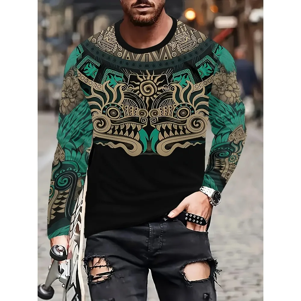 تي شيرت رجالي أنيق ثلاثي الأبعاد مطبوع عليه تنين بأكمام طويلة تي شيرت بوليستر طفيف قابل للتمدد برقبة دائرية نمط غير رسمي ملابس شارع Y2K كبيرة الحجم #2