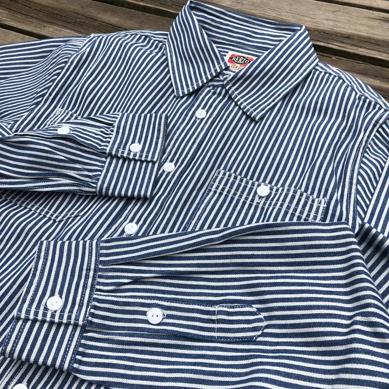American Blue-white Vertical Stripe Vintage Casual Style Shirt for Men Japanese Heavy Pure Cotton Double-pocket Workwear Shirt