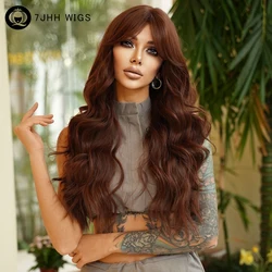7JHH WIGS Loose Body Wave Brown Wig for Women Daily Use High Density Synthetic Middle Part Copper Hair Wigs with Curtain Bangs